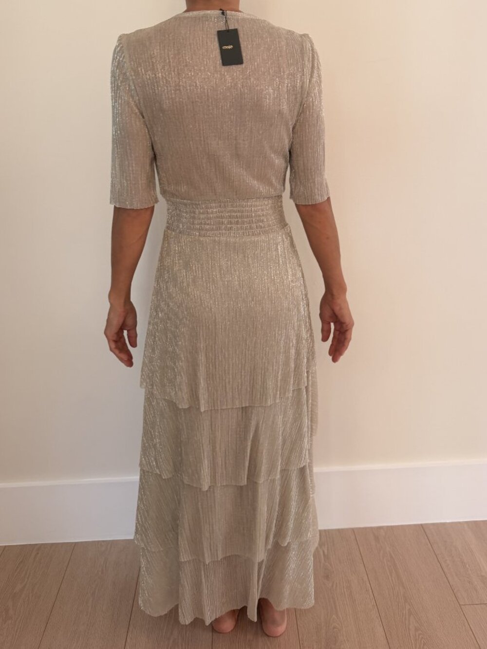 NWT Maje Metallic Ruffled Lamé Midi Dress Silver FR 34 US 2 - Picture 2 of 3